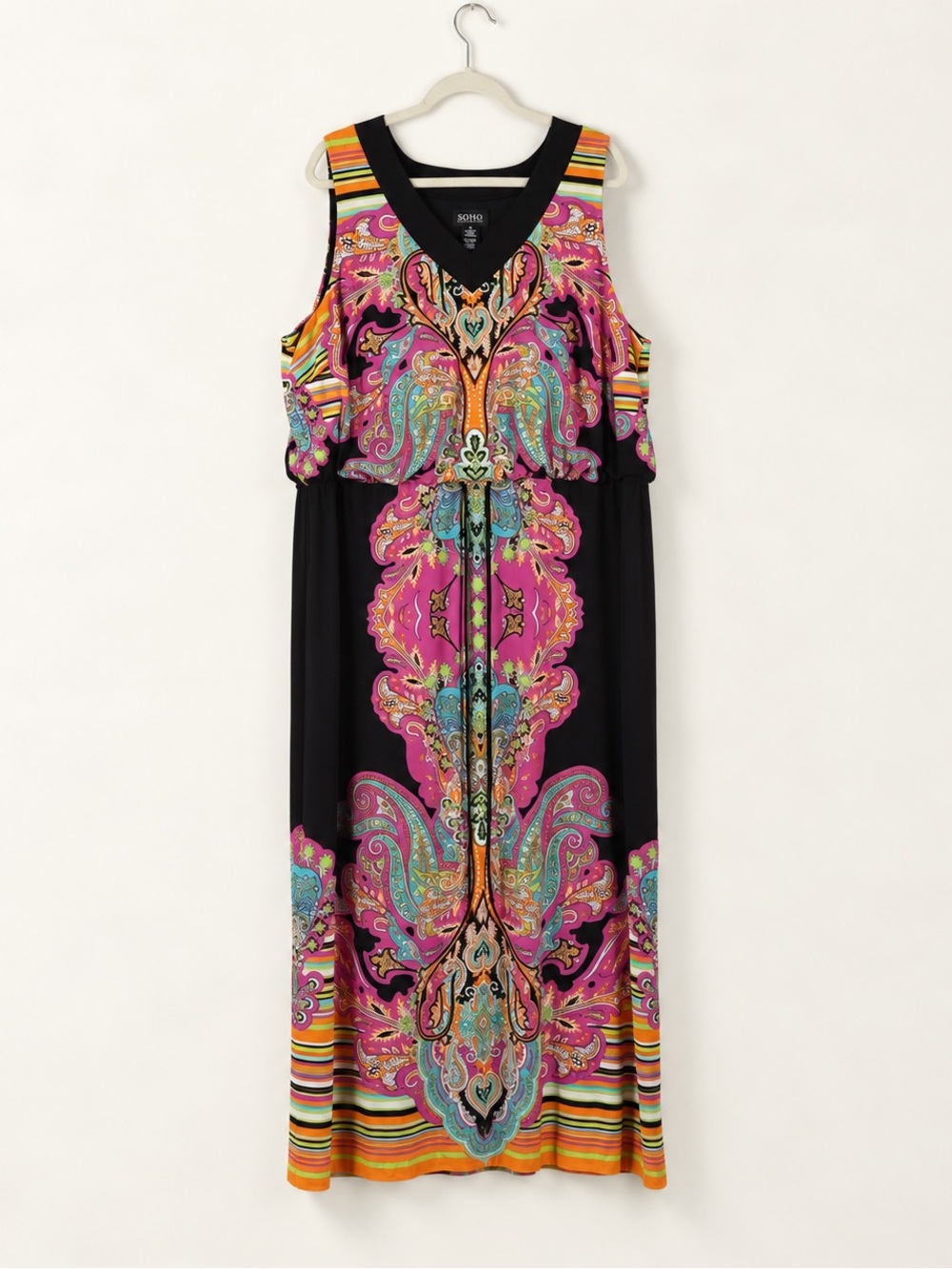 SOHO Apparel 3X Paisley Medallion Sleeveless Maxi Dress Black Pink Stretch